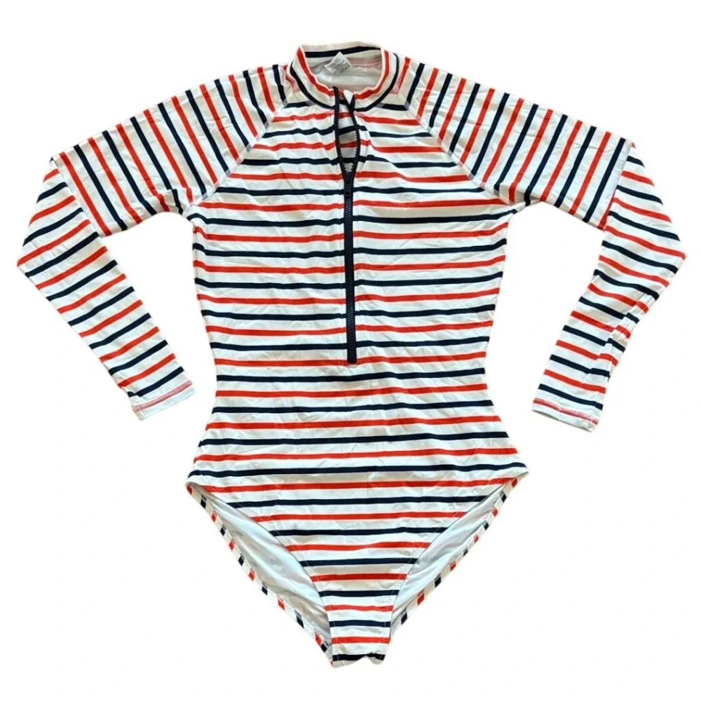 J.Crew Nautical Stripe Long Sleeve Rash Guard One Piece Swimsuit Red Navy size 6